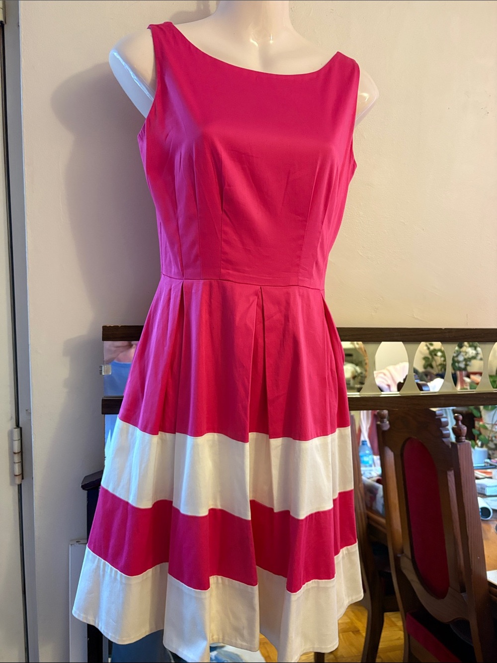 kate spade Hot Pink and White Striped Fit-and-Flare Midi Dress. Cotton